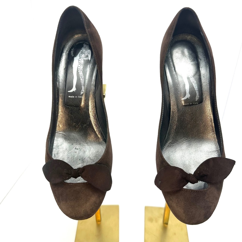 Belle Belle Brown Suede Bow Round Toe Pumps‎ Heels Made in Italy Womens 7.5 B
